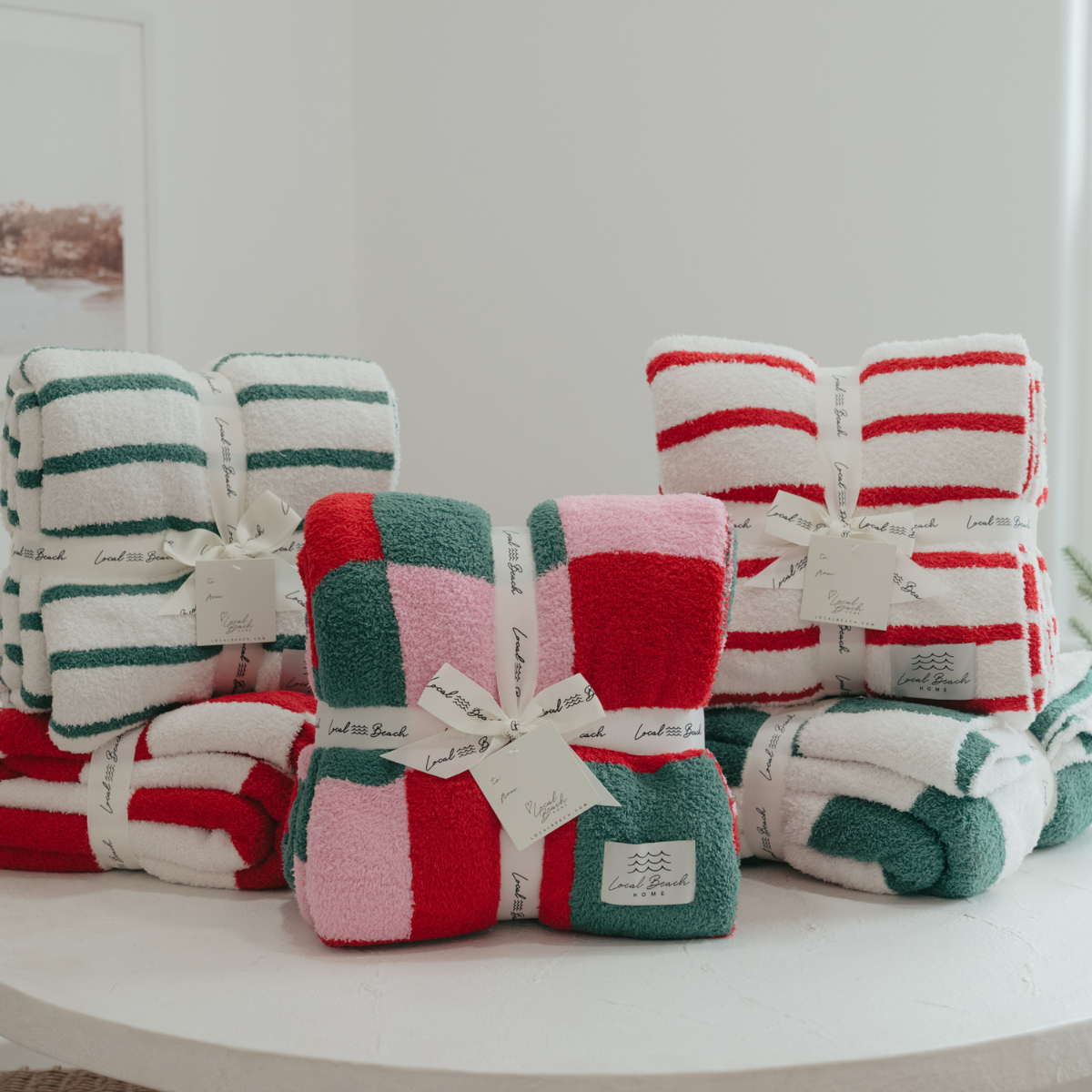 Green/Creme Holiday Stripe Cozy Luxe Home Blanket