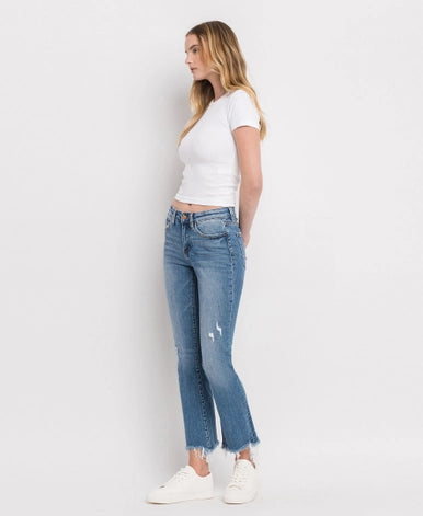 Minnie Mid Rise Distressed Hem Ankle Bootcut Jeans