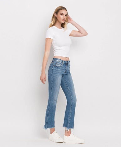 Minnie Mid Rise Distressed Hem Ankle Bootcut Jeans