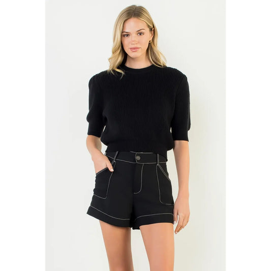 Contrast Stitch High Waist Pocket Shorts