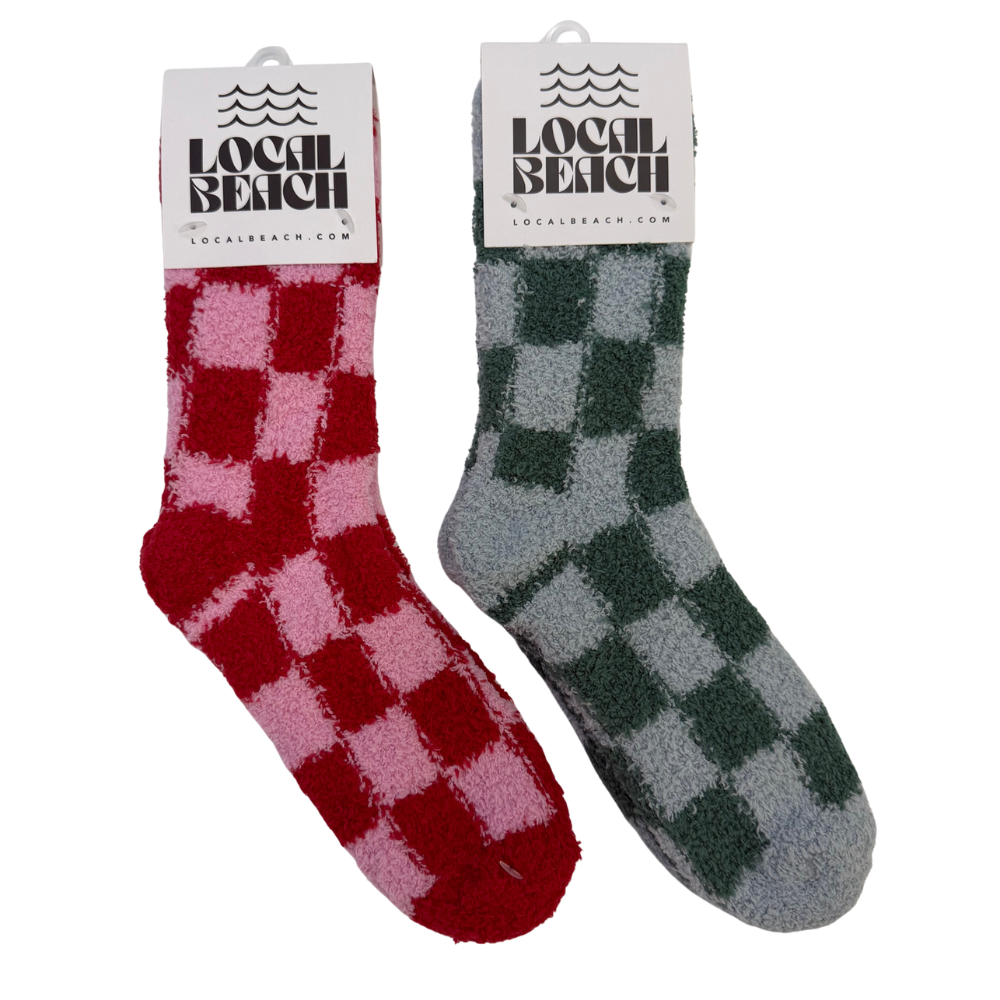 Red/Pink & Green/Blue Checker Local Beach Cozy Socks
