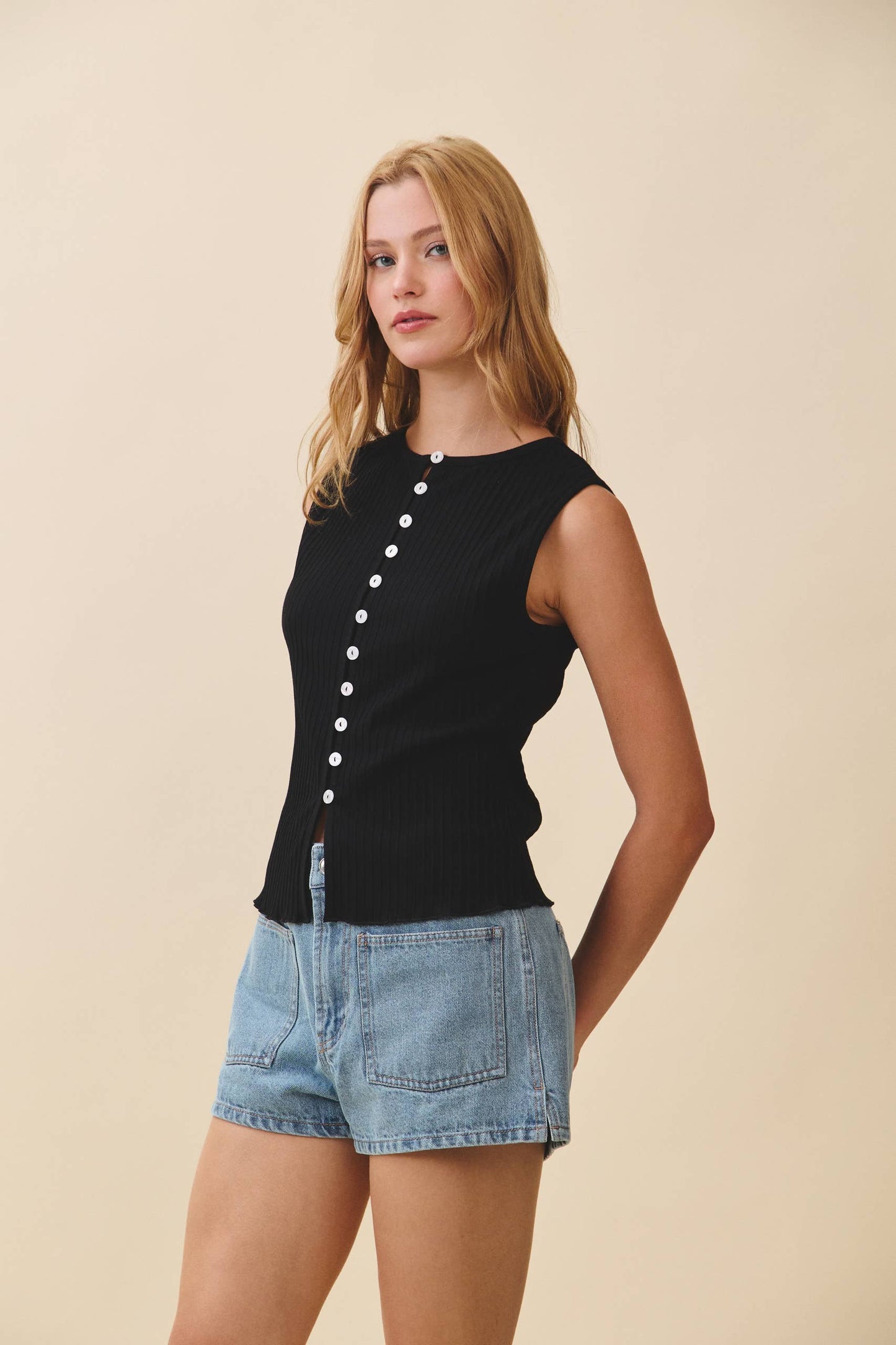 Ribbed Button Front Tank Top