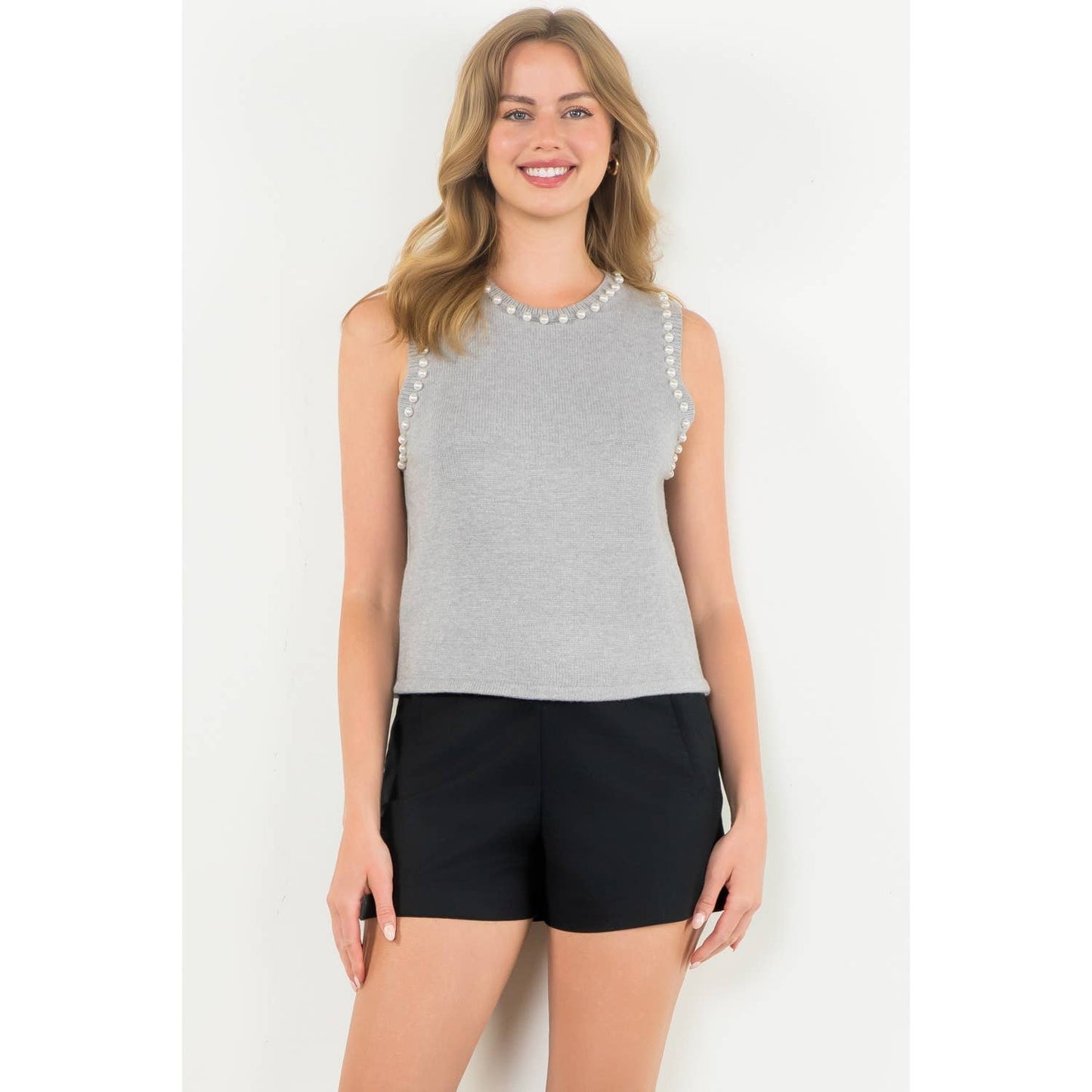 Pearl Trim Sleeveless Knit Top