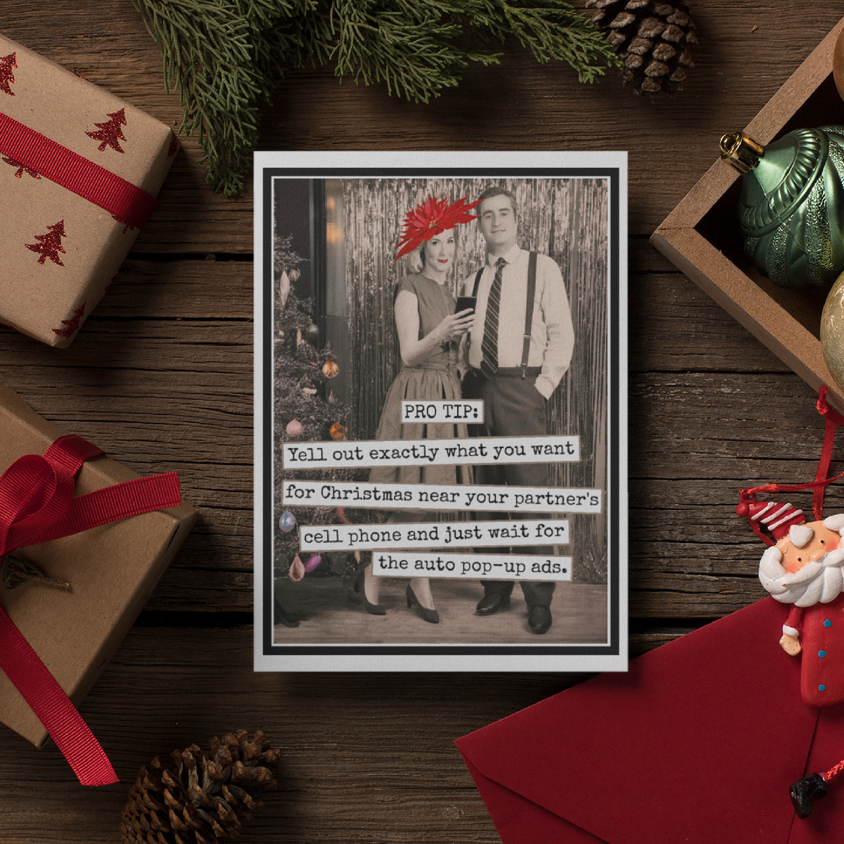 Funny Vintage Photo Christmas Card. PRO TIP: Yell Out...