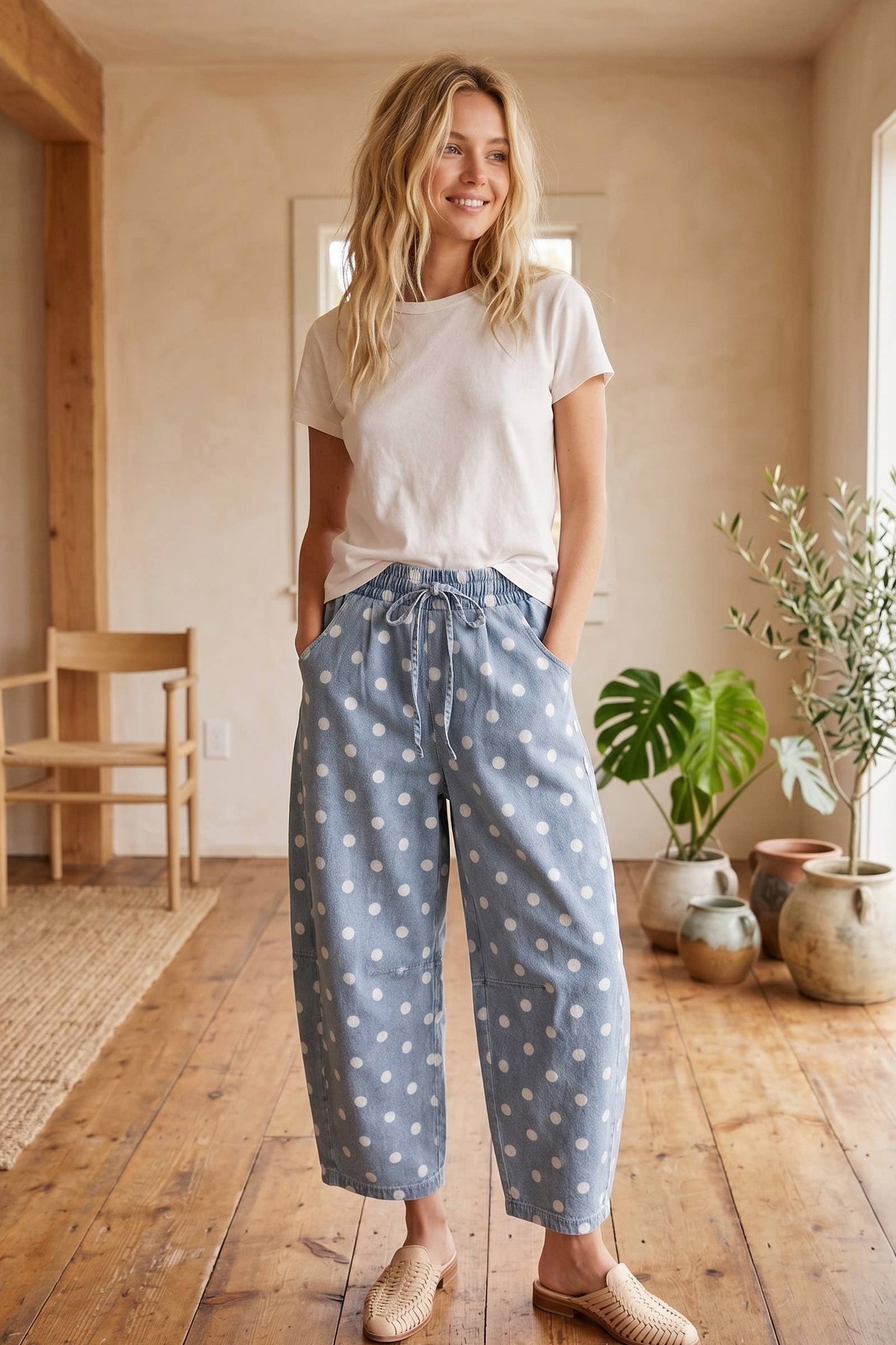 Polka Dot light Denim Barrel Jean
