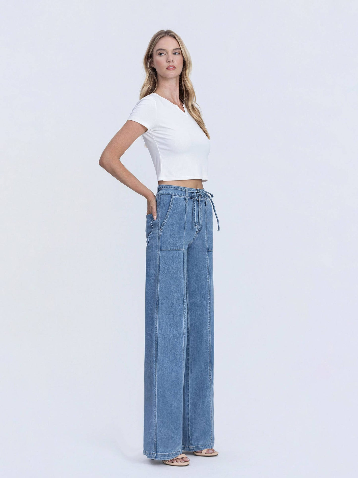 OLIVIA SUPER HIGH RISE TIE WAISTBAND WIDE LEG JEANS