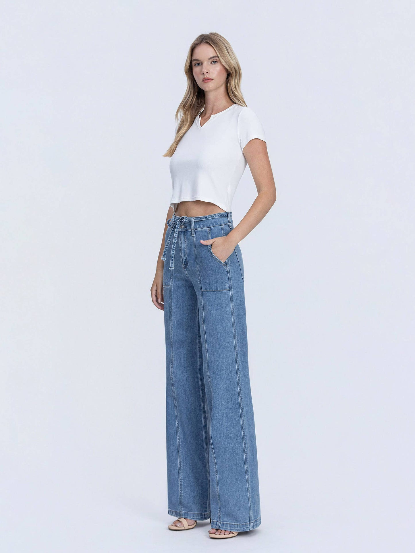 OLIVIA SUPER HIGH RISE TIE WAISTBAND WIDE LEG JEANS