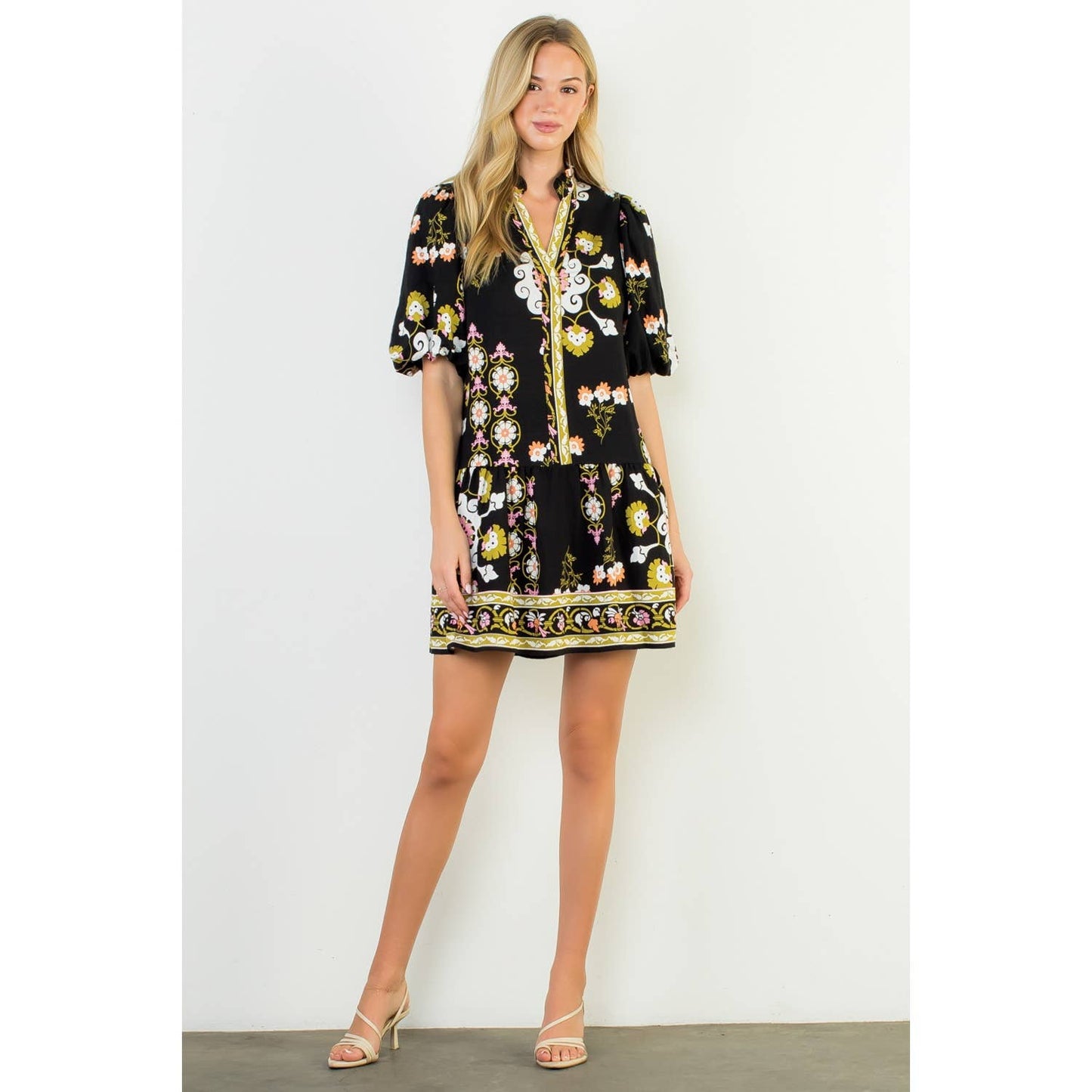 Puff Sleeve V-Neck Floral Mini Dress