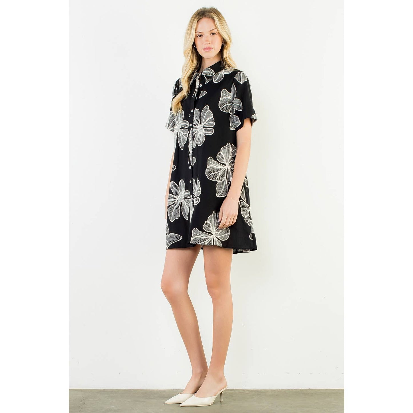 Collared Floral Emb Dress
