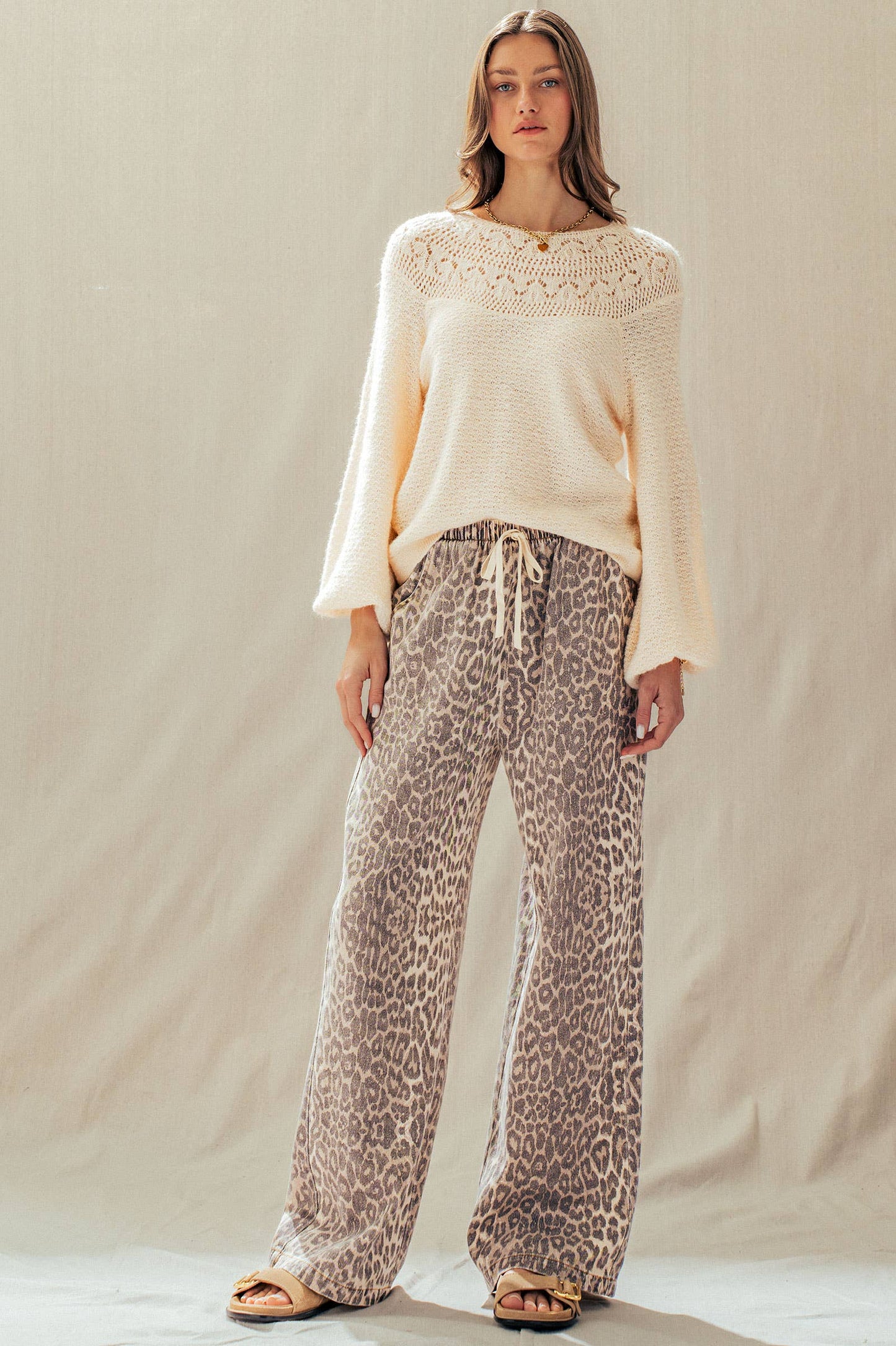 Leopard Print Wide Leg Cotton Pants