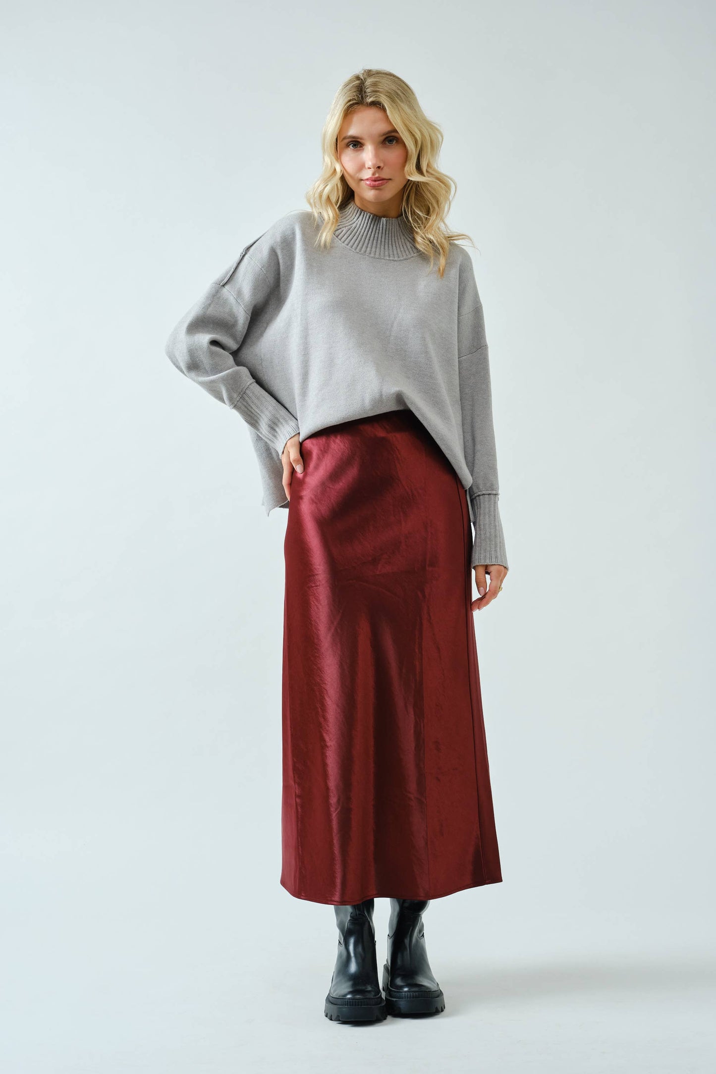 Wine Satin Midi Skirt