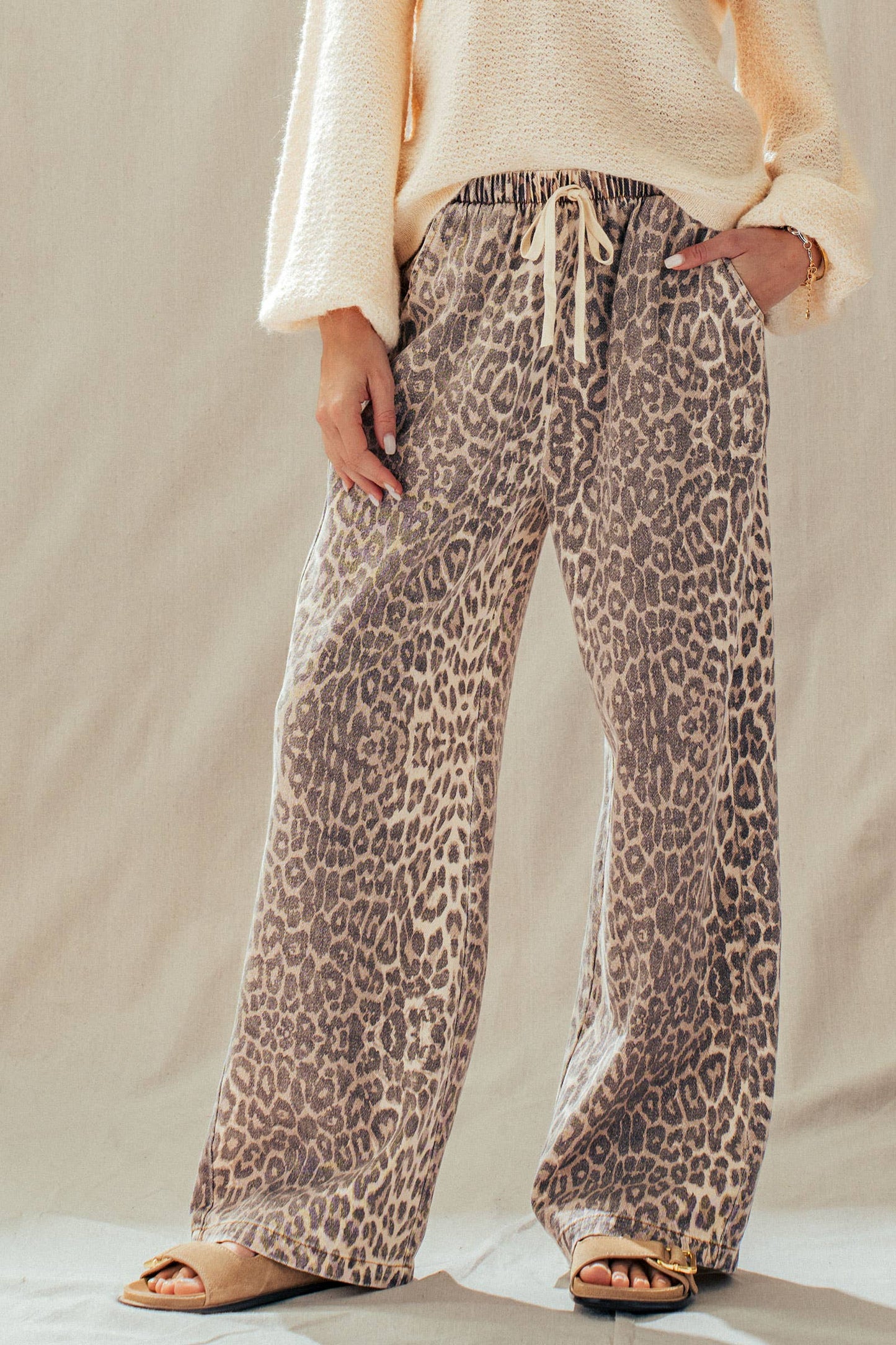 Leopard Print Wide Leg Cotton Pants