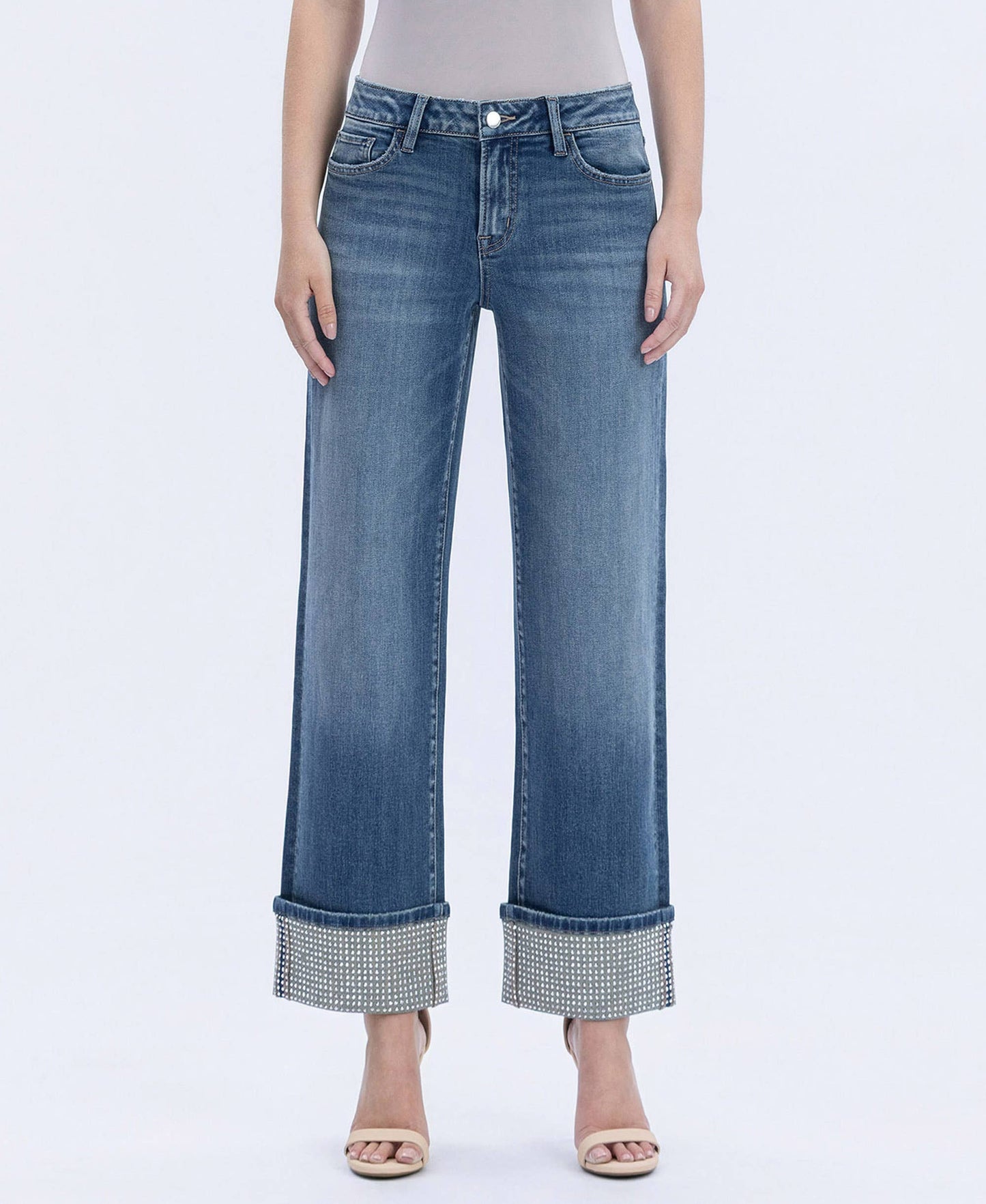 MID RISE MINERAL SILVER CUFFED SLIM WIDE JEANS