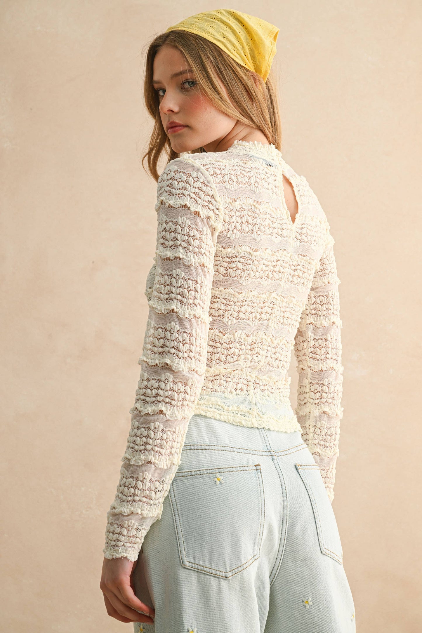 LACE TEXTURED LONG SLEEVE BLOUSE