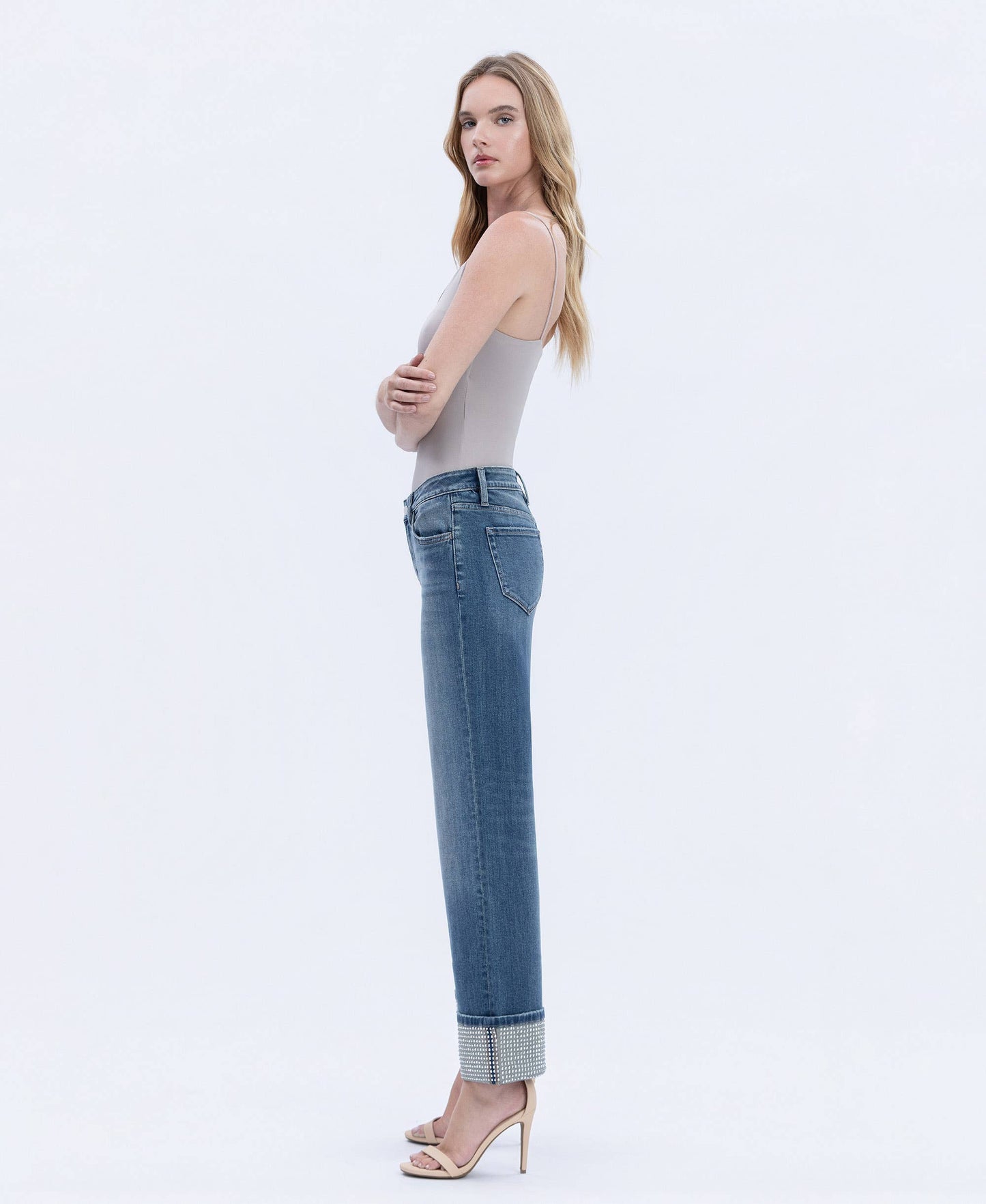 MID RISE MINERAL SILVER CUFFED SLIM WIDE JEANS