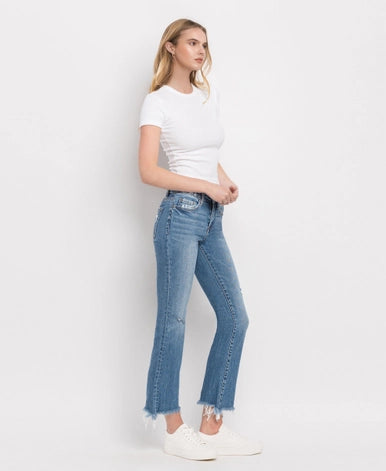 Minnie Mid Rise Distressed Hem Ankle Bootcut Jeans