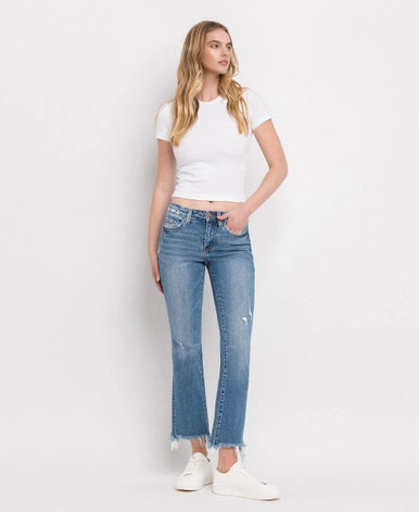 Minnie Mid Rise Distressed Hem Ankle Bootcut Jeans