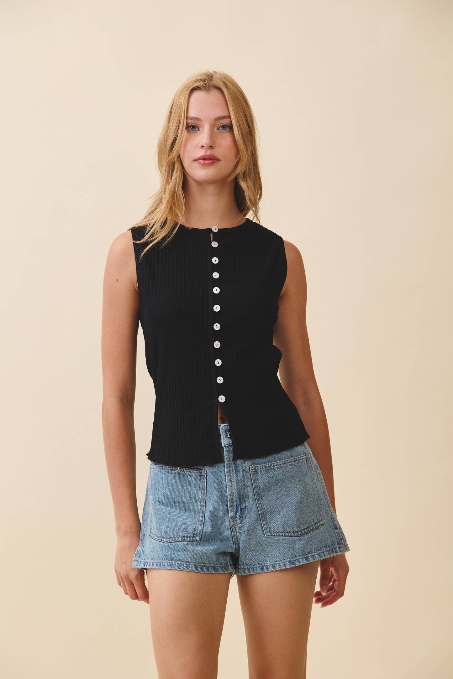 Ribbed Button Front Tank Top