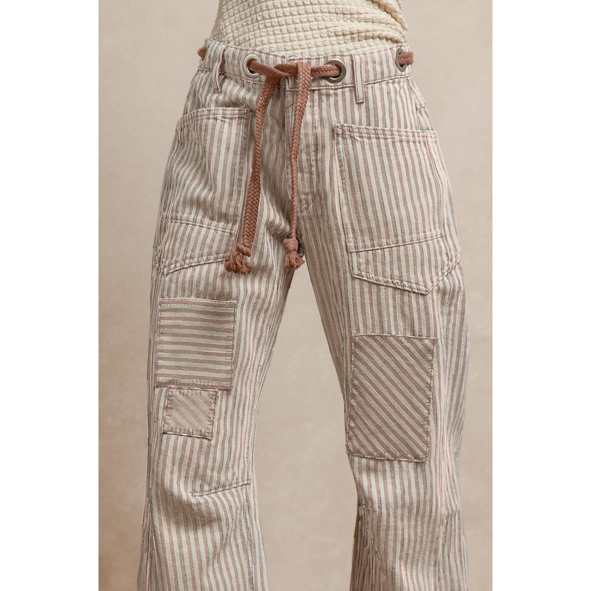 STRIPED TWILL BARREL PANTS