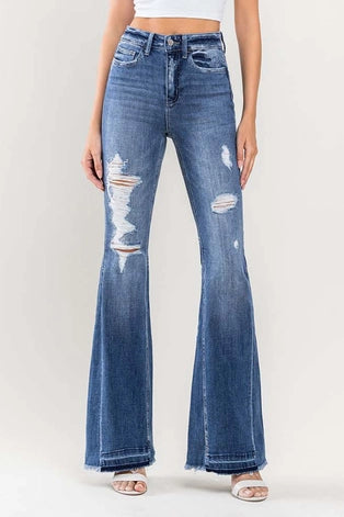 Gaia High Rise Distressed Panel Flare Jeans