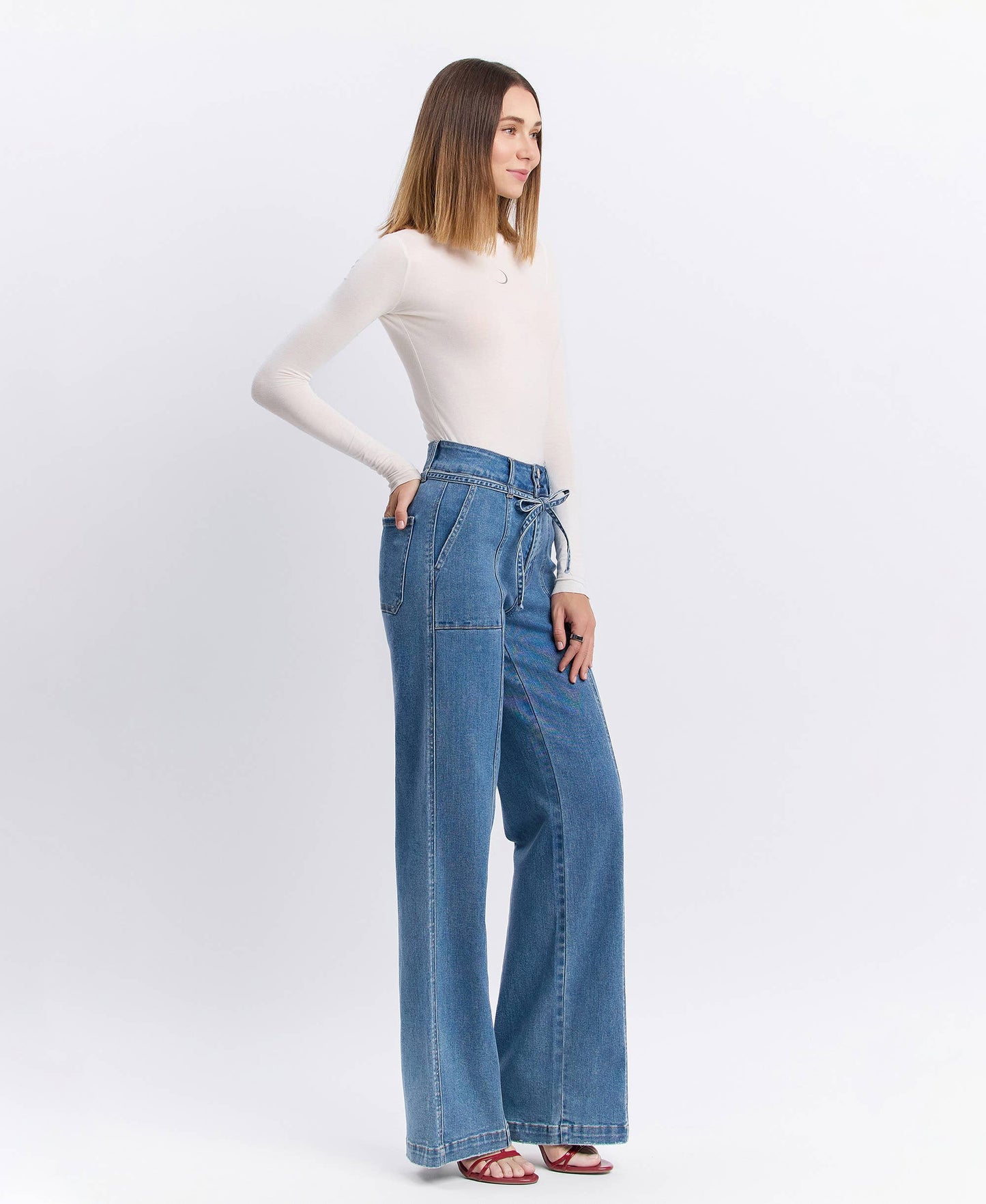 SUPER HIGH RISE TIE WAISTBAND WIDE LEG JEANS -Olivia