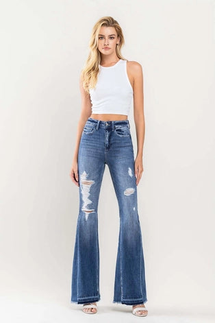 Gaia High Rise Distressed Panel Flare Jeans