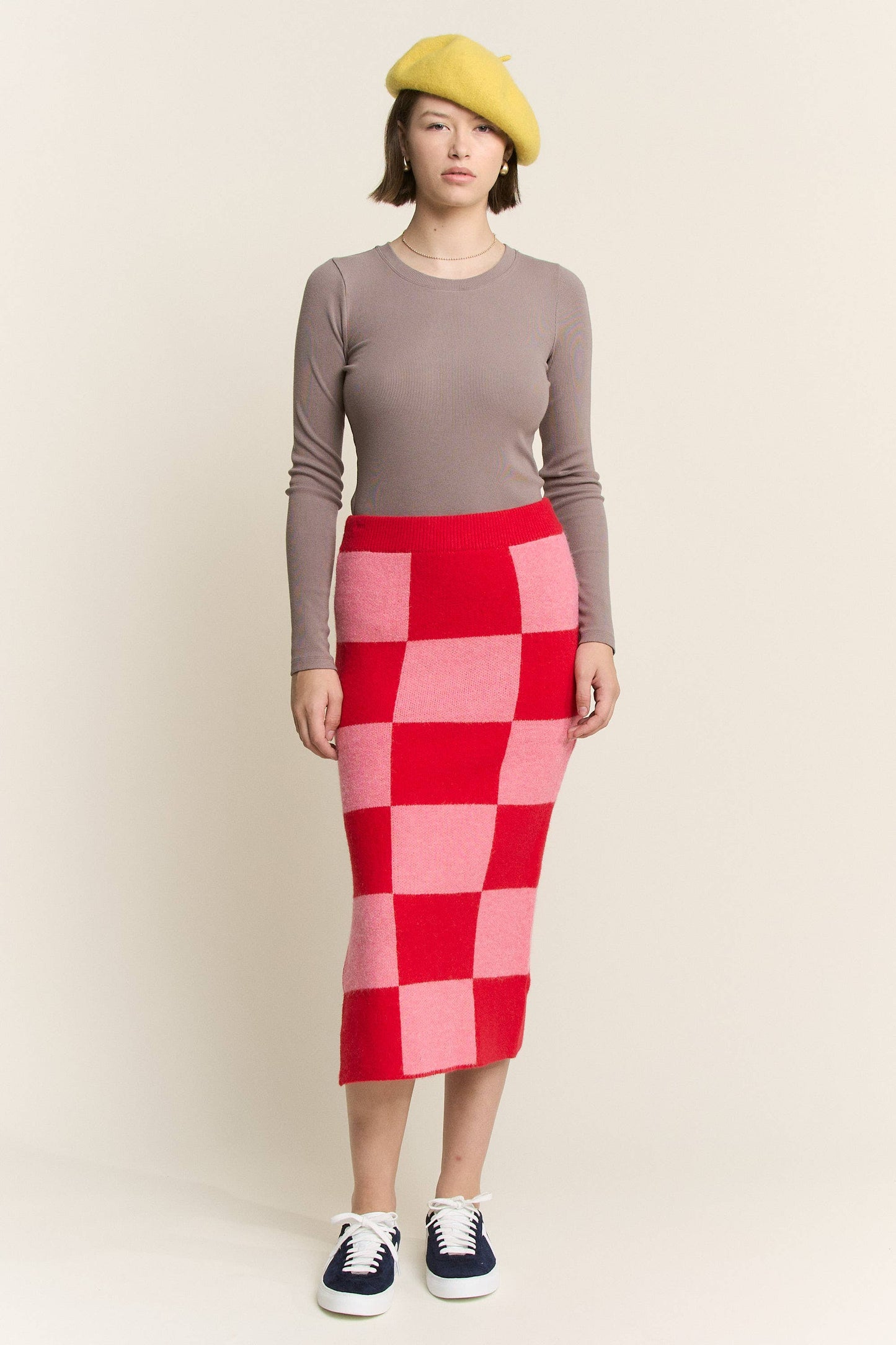 CHECKERED KNIT PENCIL MIDI SKIRT