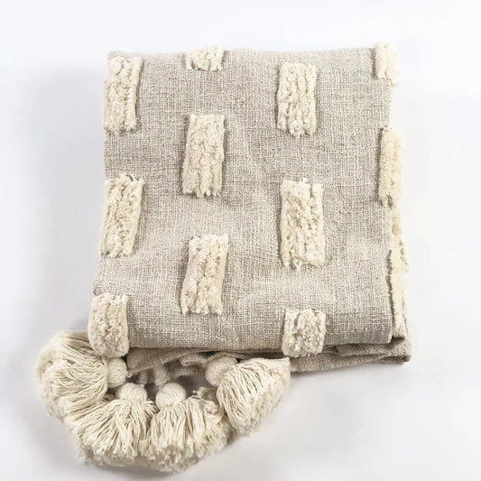 Cream Polka Dot Throw Blanket with Pom Poms