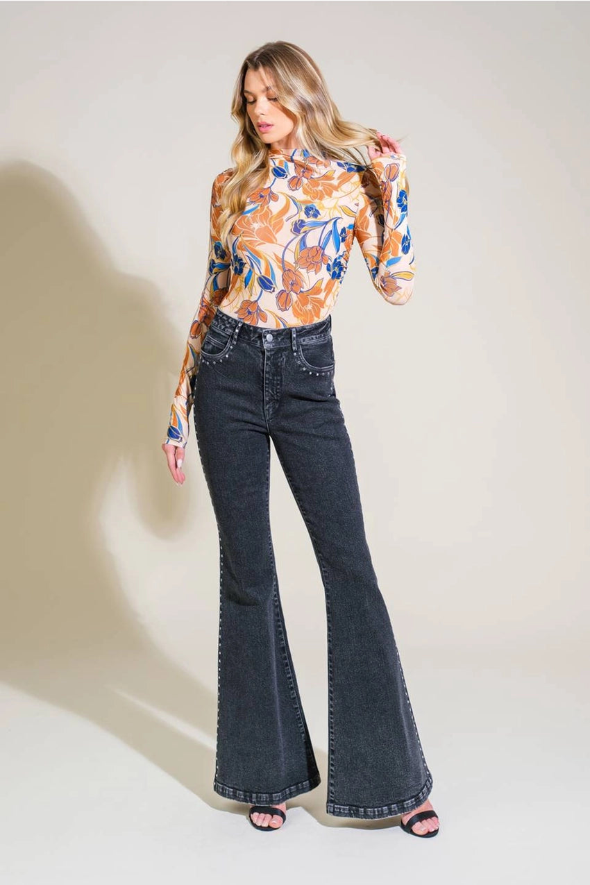 Maia Studded Washed Denim Flare Jeans